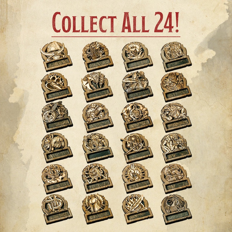 May include: A collection of 24 wooden plaques featuring a variety of designs, including mythical creatures, swords, and other fantasy elements. The plaques are all rectangular and have a dark brown finish. The text "COLLECT ALL 24!" is displayed at the top of the image.