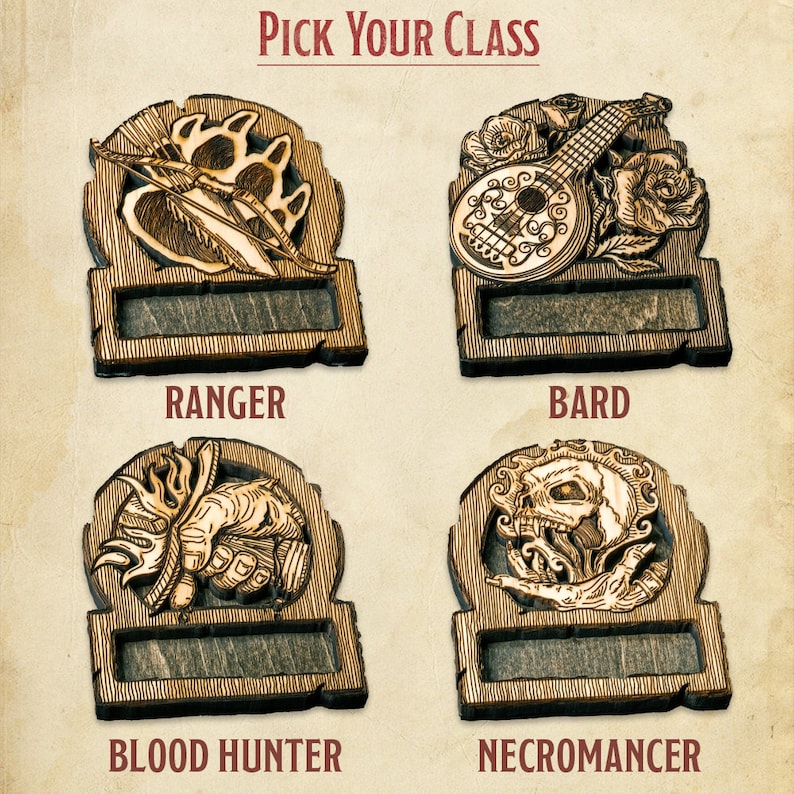 May include: Four wooden plaques with different class symbols for a role-playing game. The plaques are labelled "Ranger", "Bard", "Blood Hunter", and "Necromancer".