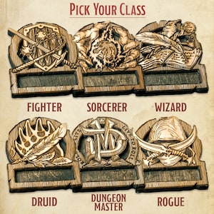May include: Six wooden plaques with different designs, each with a slot for a name card. The plaques are labelled "Fighter", "Sorcerer", "Wizard", "Druid", "Dungeon Master", and "Rogue".