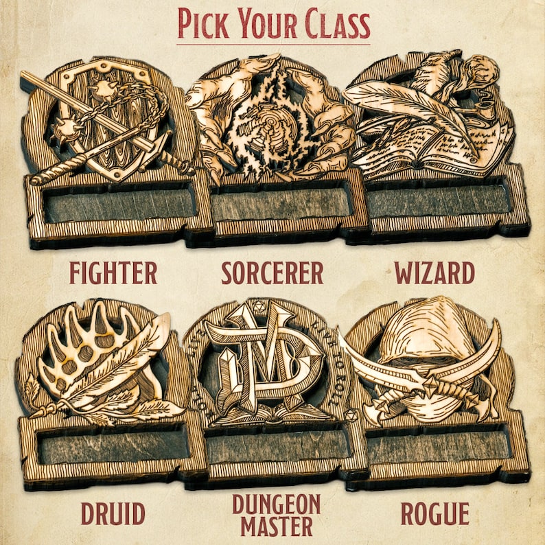 May include: Six wooden plaques with different designs, each with a slot for a name card. The plaques are labelled "Fighter", "Sorcerer", "Wizard", "Druid", "Dungeon Master", and "Rogue".
