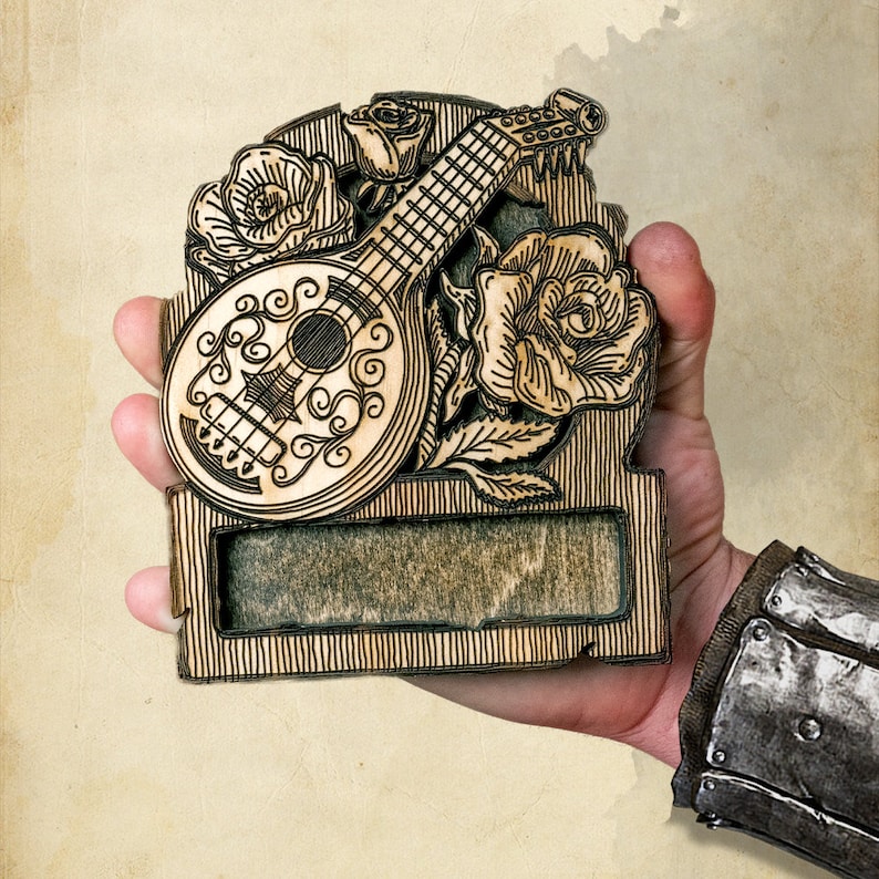 May include: A wooden plaque featuring a carved design of a lute, roses, and a blank space for text. The plaque is brown and has a distressed look.