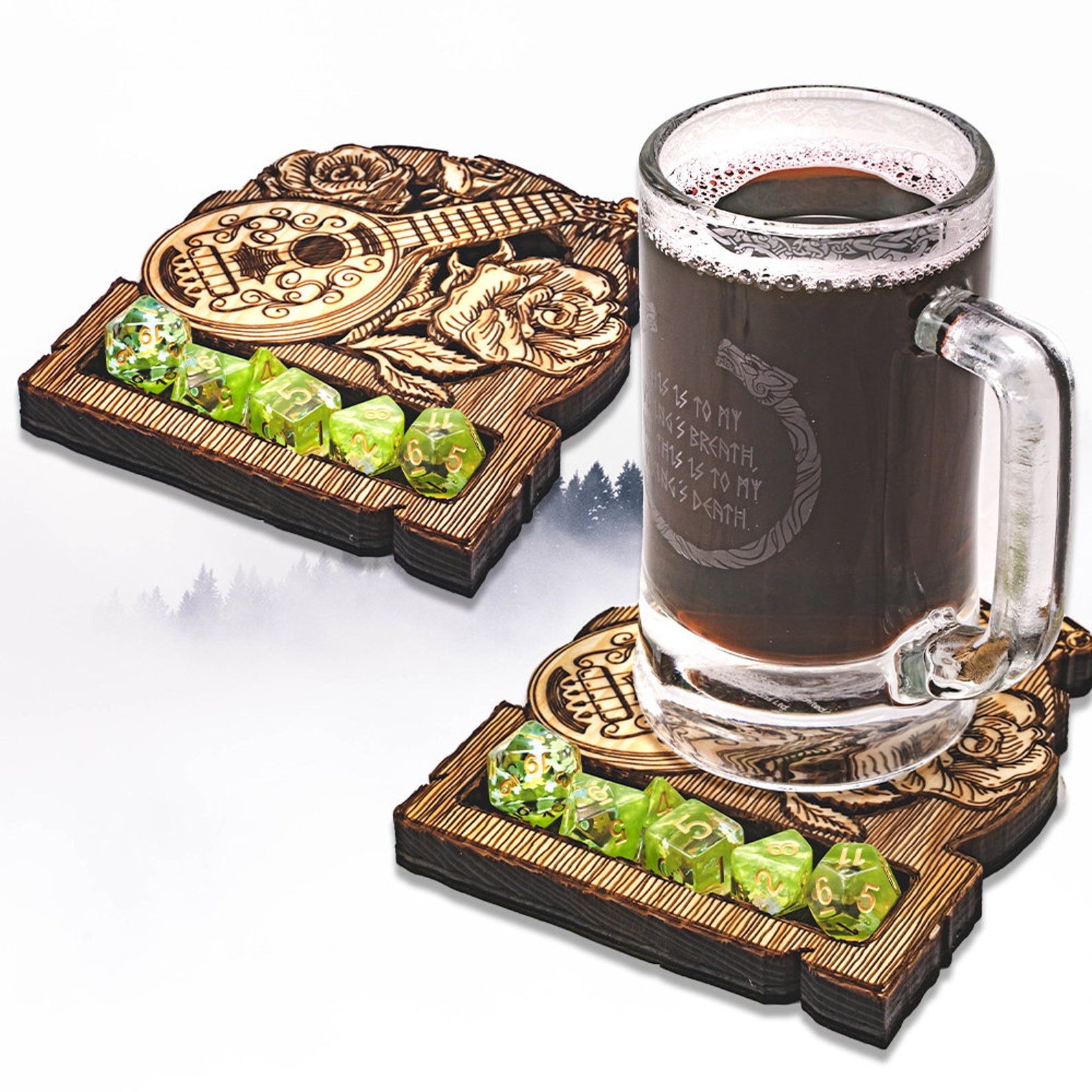 A wooden engraved coaster with a pyrograph stringed instrument and rose with a rectangular section at the bottom hollowed out to hold DnD dice.