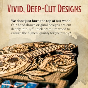 May include: A wooden game board featuring an intricate design of a lute and roses. The board is 1.27 cm thick and boasts deep cuts for a 3D effect. Crafted from premium wood, this board is ideal for tabletop gaming.