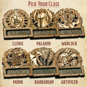 May include: Wooden tabletop game pieces with illustrations of different Dungeons and Dragons character classes. The classes are Cleric, Paladin, Warlock, Monk, Barbarian, and Artificer.