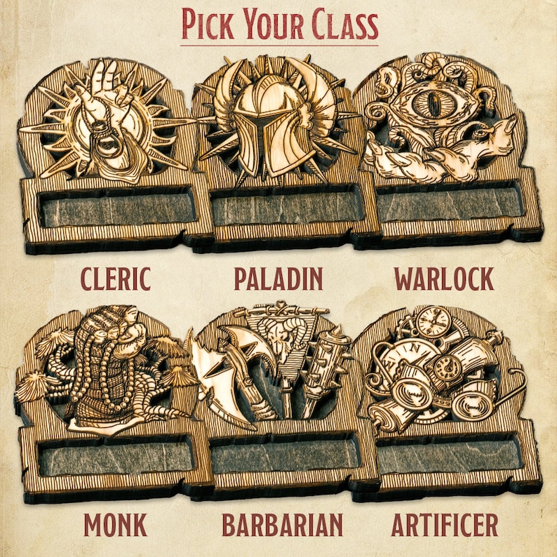 May include: Wooden tabletop game pieces with illustrations of different Dungeons and Dragons character classes. The classes are Cleric, Paladin, Warlock, Monk, Barbarian, and Artificer.