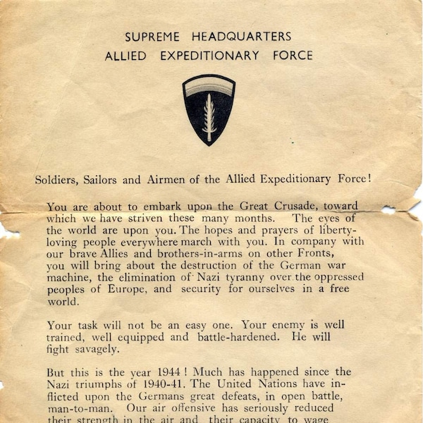 WWII American USA Letter Eisenhower's D-Day Message - Order of the Day, June 6, 1944