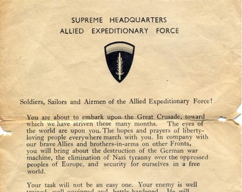 WWII American USA Letter Eisenhower's D-Day Message - Order of the Day, June 6, 1944