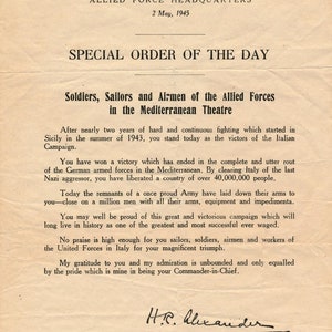 Carta de la Segunda Guerra Mundial H R Mensaje de victoria de Alexander - Orden especial del día - mayo de 1945