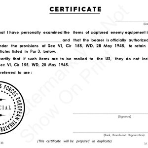 Certificato di cattura americano della Seconda Guerra Mondiale - Sez VI, Cir 155, WD 28 maggio 1945