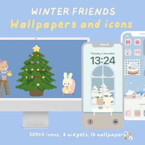 Icons pack - WINTER FRIENDS |Desktop Mac Wallpapers + Icons | iOS & Android App Icons + Home Screen Set + Widget | Hand Drawn | Kawaii