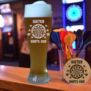 Set of wheat glass Darts God and cork coasters with personal engraving Name