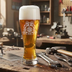 Wheat glass with guild sign and name engraved personalized mechanic butcher miller locksmith tailor carpenter