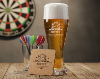 Wheat glass engraved with name personalized year of birth - set of cork coasters