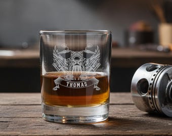 Personalized whisky glass with name - custom engraving motorcycle