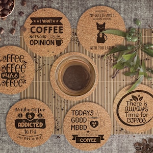 Cork coaster coffee round 10 cm diameter - 5 mm thick - with laser engraving - set of 6 pieces
