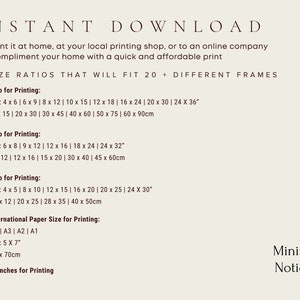 May include: A guide to print sizes for instant downloads. The guide lists different size ratios for printing, including 2:3, 3:4, 4:5, ISO International Paper Sizes, and 11x14 inches. The guide also includes measurements in inches and centimeters.