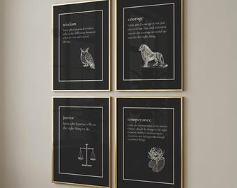 Stoic Cardinal Virtues Quotes, Marcus Aurelius Philosophy Wall Art (Set of 4), Stoicism, Motivating Gifts, Epictetus