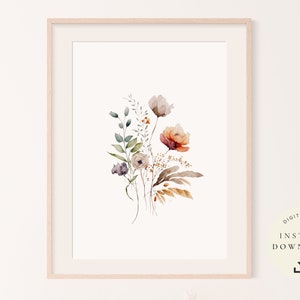 Pode incluir: Uma impressão digital com uma pintura em aquarela de um buquê de flores em tons de marrom, laranja e branco. As flores são dispostas em um estilo solto e natural, e o fundo é branco.