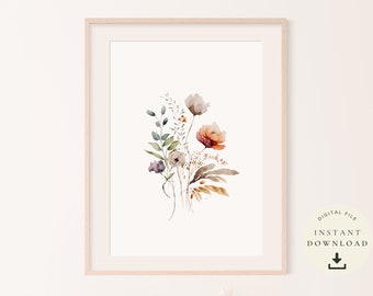May include: A digital print featuring a watercolor painting of a bouquet of flowers in shades of brown, orange, and white. The flowers are arranged in a loose, natural style, and the background is white.