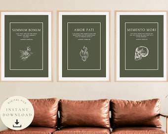 May include: Three printable wall art prints with a dark green background and white text. The prints feature the Latin phrases "Summum Bonum", "Amor Fati", and "Memento Mori" with corresponding illustrations of a rose, a flame, and a skull.