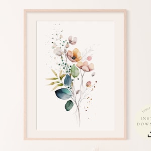 Pode incluir: Uma pintura em aquarela de um buquê de flores com pétalas rosa, laranja e brancas. As flores são cercadas por folhas e galhos verdes. O fundo é branco.