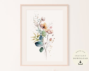 May include: A watercolor painting of a bouquet of flowers with pink, orange, and white petals. The flowers are surrounded by green leaves and branches. The background is white.