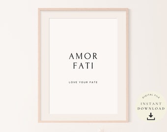 May include: A framed print with the text "AMOR FATI" and the phrase "LOVE YOUR FATE" in black text on a white background. The frame is light wood.