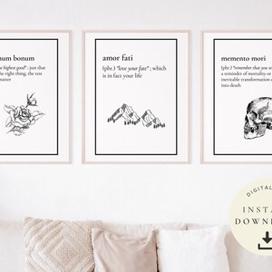 May include: Three framed art prints with black text and illustrations on a white background. The prints feature the phrases "summum bonum", "amor fati", and "memento mori". Each print has a different illustration: a rose, mountains, and a skull. The prints are labeled "DIGITAL FILE" and "INSTANT DOWNLOAD".