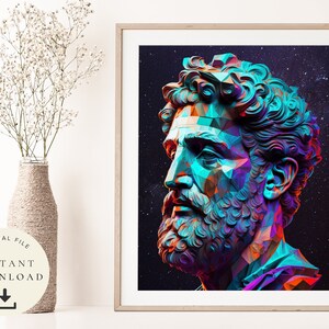 Colourful Portrait of Marcus Aurelius, Great Gift for Stoic Lover, Stoicism Philosophy, Motivational Philosophical Poster, Roman Art
