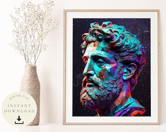 Colourful Portrait of Marcus Aurelius, Great Gift for Stoic Lover, Stoicism Philosophy, Motivational Philosophical Poster, Roman Art
