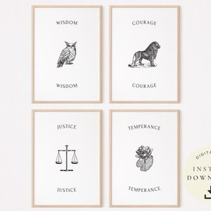 Cardinal Virtues, Stoicism Print, Wisdom Quote, Philosophy Poster, Inspirational Art, Philosopher Gift, Stoic Justice, Courage Wall Decor