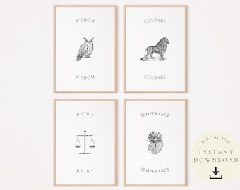 Cardinal Virtue Print, stoische Sprüche, Stoizismus Kunst, Philosophie Zitat, inspirierendes Poster, motivierendes Geschenk, Weisheit, Gerechtigkeit, Mut