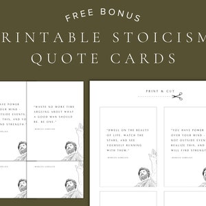 Pu&ograve; includere: Carte di citazioni stampabili che presentano la filosofia stoica di Marco Aurelio. Le carte sono in bianco e nero con un design semplice e includono citazioni come "Hai potere sulla tua mente, non sugli eventi esterni. Renditi conto di questo, e troverai forza." e "Non perdere pi&ugrave; tempo a discutere su cosa dovrebbe essere un uomo buono. Sii uno."