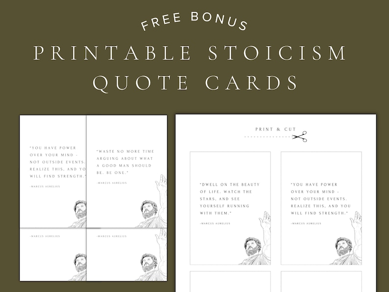 Pu&ograve; includere: Carte di citazioni stampabili che presentano la filosofia stoica di Marco Aurelio. Le carte sono in bianco e nero con un design semplice e includono citazioni come "Hai potere sulla tua mente, non sugli eventi esterni. Renditi conto di questo, e troverai forza." e "Non perdere pi&ugrave; tempo a discutere su cosa dovrebbe essere un uomo buono. Sii uno."