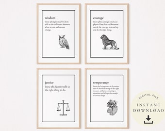 Kardinaltugenden Drucke, Stoisches Zitat, Mut, Weisheit Kunst, Philosophie Poster, Stoizismus, Geschenk für Philosophen, Motivationssatz