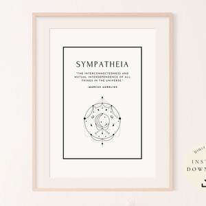 May include: A black and white printable art print with a geometric design and the quote "The interconnectedness and mutual interdependence of all things in the universe." by Marcus Aurelius. The title of the print is "Sympatheia".