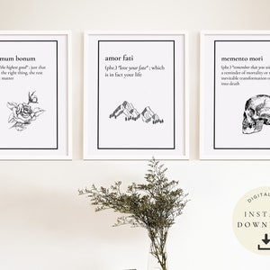 May include: Three framed art prints with black and white illustrations and text. The prints feature the phrases "summum bonum", "amor fati", and "memento mori". Each print has a different illustration: a rose, mountains, and a skull. The words "DIGITAL FILE" and "INSTANT DOWNLOAD" are also visible.
