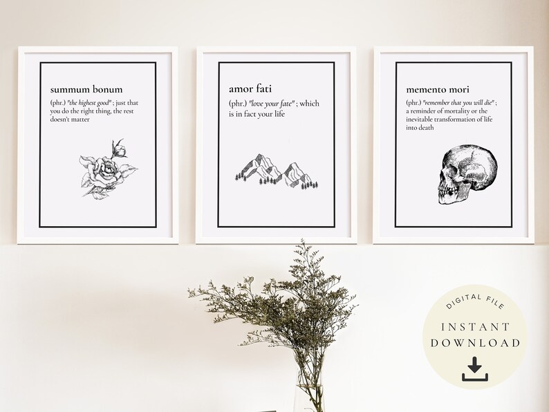May include: Three framed art prints with black and white illustrations and text. The prints feature the phrases "summum bonum", "amor fati", and "memento mori". Each print has a different illustration: a rose, mountains, and a skull. The words "DIGITAL FILE" and "INSTANT DOWNLOAD" are also visible.