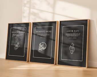 Set of 3 Stoic Prints, Memento Mori, Amor Fati, Marcus Aurelius Quotes (Digital Download), Philosophy Gift For Him/Her