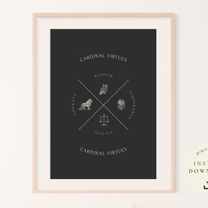 Puede incluir: Un póster imprimible en blanco y negro con el texto "Cardinal Virtues" y un gráfico de una cruz con cuatro símbolos que representan la sabiduría, el coraje, la templanza y la justicia.