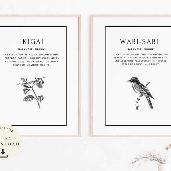 Ikigai Poster, Wabi Sabi, Japanese Gift, Zen Wall Art, Definition Print, Philosophy, Positive Quote, Set of 2, Aesthetic Decor, Book Cover