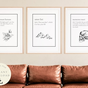 May include: Three framed art prints with inspirational quotes in black text on white backgrounds. The prints feature a rose, mountains, and a skull. The bottom of the image has a digital file download icon.
