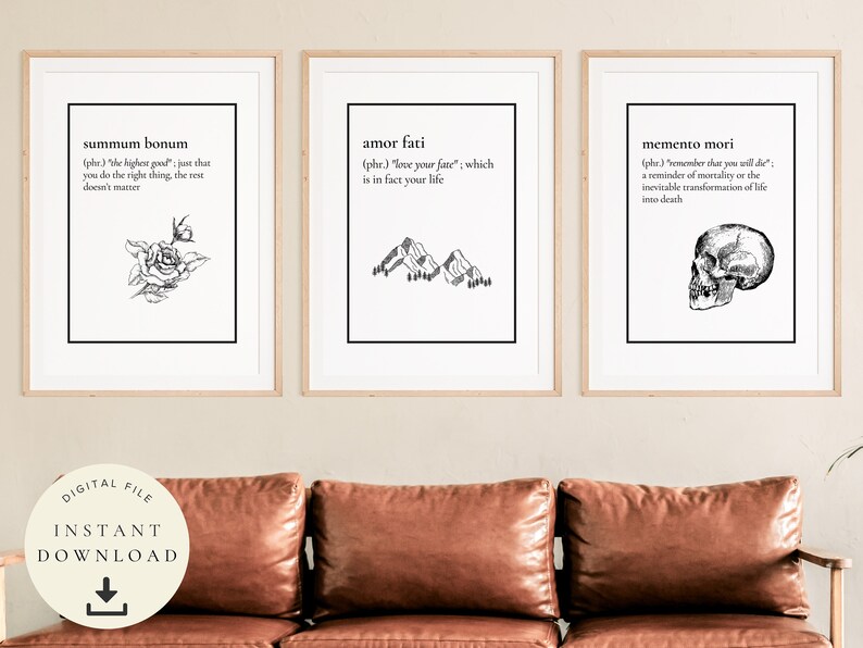 May include: Three framed art prints with inspirational quotes in black text on white backgrounds. The prints feature a rose, mountains, and a skull. The bottom of the image has a digital file download icon.