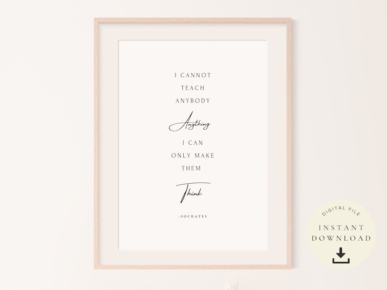 Filosofía griega, cita de Sócrates, lámina inspiradora, arte filosófico, regalo para filósofos, póster tipográfico, clásico, minimalista, blanco imagen 1