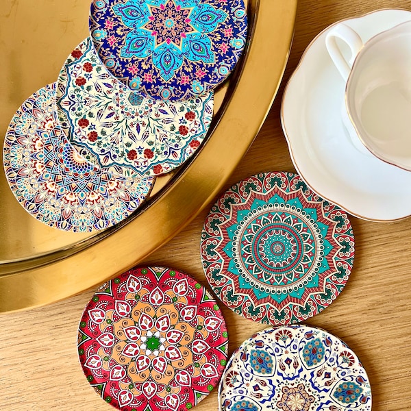 Set of 6 mandala coasters/Mediterranean/Turkish/Cadeau-Set of 6 coasters/Gift for her/Gift birthday/ Christmas/Cadeau de Noël