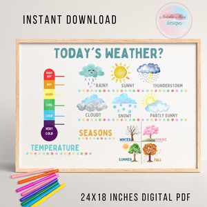 Póster colorido del gráfico meteorológico - Póster de descarga digital de 24 x 18 pulgadas, gráficos meteorológicos, estaciones, termómetro colorido, para la escuela y la educación en el hogar