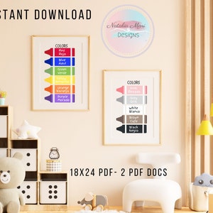 Educational kids prints, English & Spanish colors crayon chart, learning, colorful, color crayon chart for playroom, home school, classroom