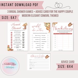 Moderne elegante Cowgirl-vrijgezellenfeestspellenset met bonusadvieskaart - Neutrale kleuren bloemen- Roze, Beige, Lichtoranje, Cowgirl-hoed, laars