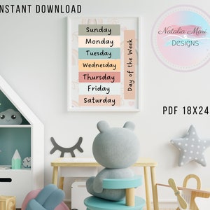 Cartel educativo de días neutros de la semana, cartel de aprendizaje, estilo boho, para sala de juegos, escuela en casa, aula, niño pequeño, niño en edad preescolar