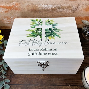 Caja de madera de lujo personalizada para recuerdos de la Primera Comunión - Diseño de cruz y follaje - Regalo de celebración - Cumpleaños Navidad